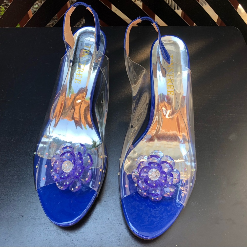 Stylish Transparent Slingback Heels with Blue and Purple Accents